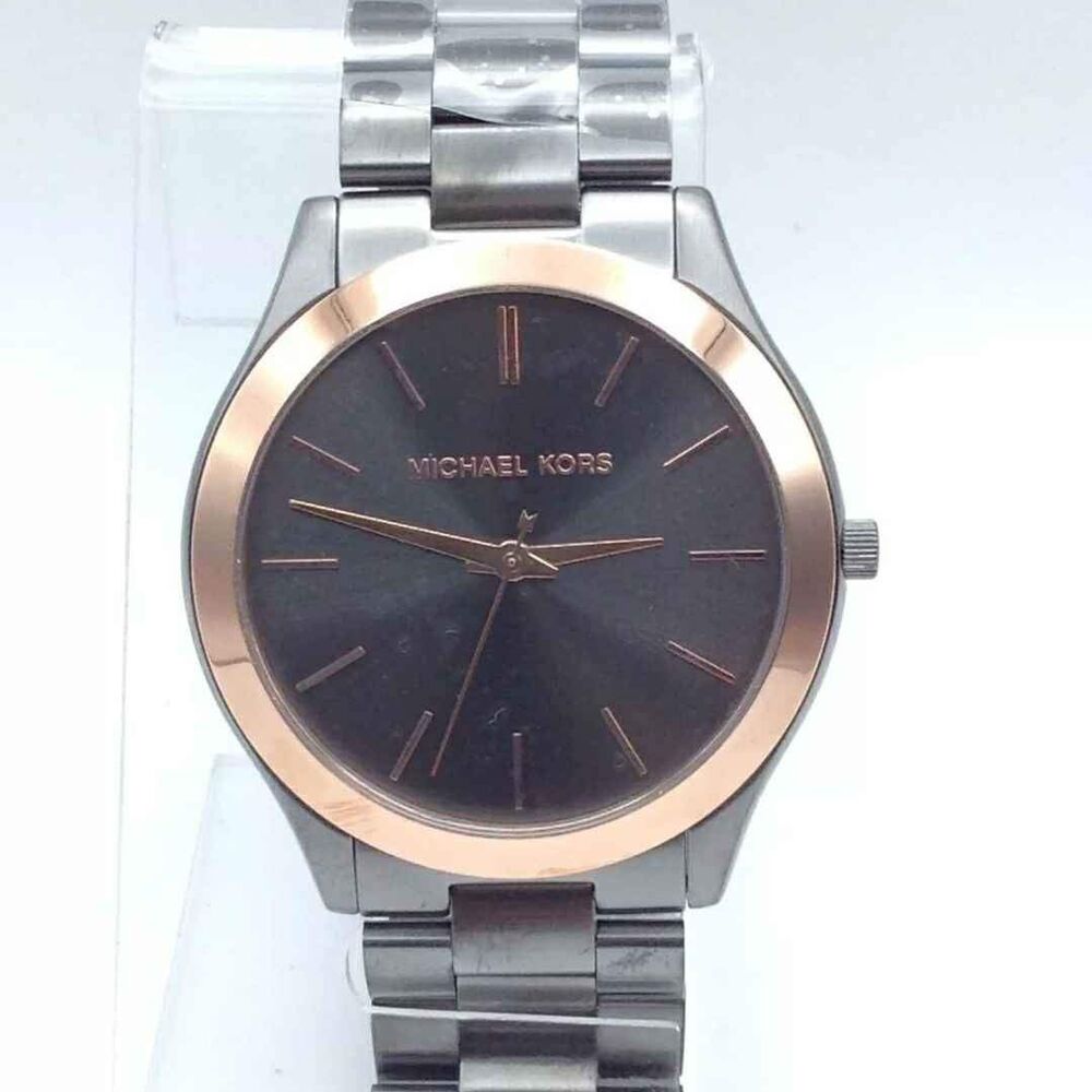 NEW Michael Kors MK Designer ATM Water Slim Runway Gunmetal Watch Box